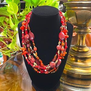 Lia Sophia Bohemian Red & Gold Tone Multi Strand Beaded Necklace